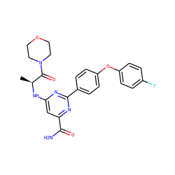C[C@H](Nc1cc(C(N)=O)nc(-c2ccc(Oc3ccc(F)cc3)cc2)n1)C(=O)N1CCOCC1 ZINC000142527275