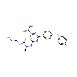C[C@H](Nc1cc(C(N)=O)nc(-c2ccc(Oc3ccc(F)cc3)cc2)n1)C(=O)NCCO ZINC000142484907