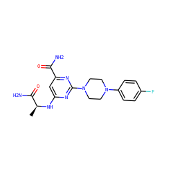 C[C@H](Nc1cc(C(N)=O)nc(N2CCN(c3ccc(F)cc3)CC2)n1)C(N)=O ZINC000142341322