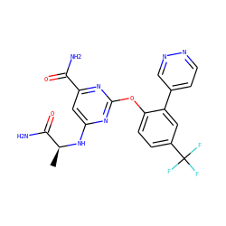 C[C@H](Nc1cc(C(N)=O)nc(Oc2ccc(C(F)(F)F)cc2-c2ccnnc2)n1)C(N)=O ZINC000142386747