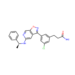 C[C@H](Nc1cc2c(-c3cc(Cl)cc(CCC(N)=O)c3)noc2cn1)c1ccccc1 ZINC000040951123