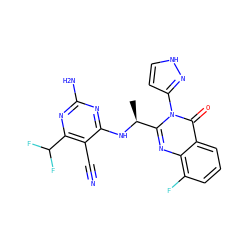 C[C@H](Nc1nc(N)nc(C(F)F)c1C#N)c1nc2c(F)cccc2c(=O)n1-c1cc[nH]n1 ZINC001772622624