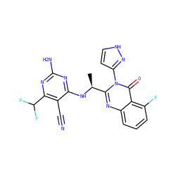 C[C@H](Nc1nc(N)nc(C(F)F)c1C#N)c1nc2cccc(F)c2c(=O)n1-c1cc[nH]n1 ZINC001772622295