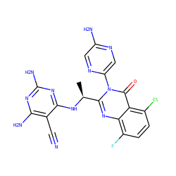 C[C@H](Nc1nc(N)nc(N)c1C#N)c1nc2c(F)ccc(Cl)c2c(=O)n1-c1cnc(N)cn1 ZINC001772600376