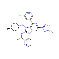 C[C@H](Nc1nc2cc(-c3noc(=O)[nH]3)nc(-c3cncc(Cl)c3)c2n1C[C@H]1CC[C@H](C)CC1)c1ccccn1 ZINC000261107369