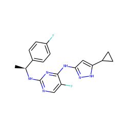 C[C@H](Nc1ncc(F)c(Nc2cc(C3CC3)[nH]n2)n1)c1ccc(F)cc1 ZINC000040380038