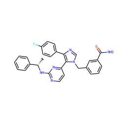 C[C@H](Nc1nccc(-c2c(-c3ccc(F)cc3)ncn2Cc2cccc(C(N)=O)c2)n1)c1ccccc1 ZINC000040934314