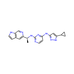 C[C@H](Nc1nccc(Nc2cc(C3CC3)[nH]n2)n1)c1cc2cc[nH]c2cn1 ZINC000144733674