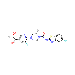 C[C@H](O)[C@@H](O)c1cnc(N2CCN(C(=O)Nc3nc4cc(F)ccc4s3)[C@@H](C)C2)c(F)c1 ZINC001772650018