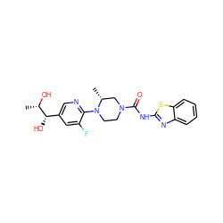 C[C@H](O)[C@@H](O)c1cnc(N2CCN(C(=O)Nc3nc4ccccc4s3)C[C@H]2C)c(F)c1 ZINC001772630396