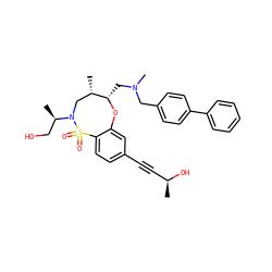 C[C@H](O)C#Cc1ccc2c(c1)O[C@@H](CN(C)Cc1ccc(-c3ccccc3)cc1)[C@@H](C)CN([C@H](C)CO)S2(=O)=O ZINC000095598941