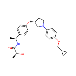 C[C@H](O)C(=O)N[C@@H](C)c1ccc(O[C@@H]2CCN(c3ccc(OCC4CC4)cc3)C2)cc1 ZINC001772618081