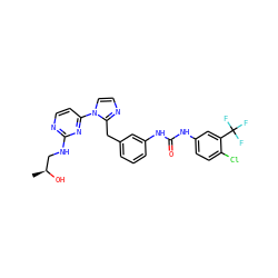 C[C@H](O)CNc1nccc(-n2ccnc2Cc2cccc(NC(=O)Nc3ccc(Cl)c(C(F)(F)F)c3)c2)n1 ZINC000299839165