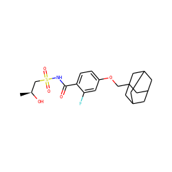 C[C@H](O)CS(=O)(=O)NC(=O)c1ccc(OCC23CC4CC(CC(C4)C2)C3)cc1F ZINC000216252992