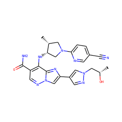 C[C@H](O)Cn1cc(-c2cn3ncc(C(N)=O)c(N[C@H]4CN(c5ccc(C#N)cn5)C[C@H]4C)c3n2)cn1 ZINC001772603157