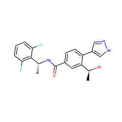 C[C@H](O)c1cc(C(=O)N[C@H](C)c2c(F)cccc2F)ccc1-c1cn[nH]c1 ZINC001772617486