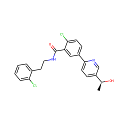 C[C@H](O)c1ccc(-c2ccc(Cl)c(C(=O)NCCc3ccccc3Cl)c2)nc1 ZINC000072179578