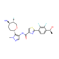 C[C@H](O)c1ccc(-c2nc(C(=O)Nc3cnn(C)c3[C@@H]3CC[C@@H](N)[C@H](F)CO3)cs2)c(F)c1F ZINC000221395366