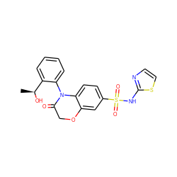 C[C@H](O)c1ccccc1N1C(=O)COc2cc(S(=O)(=O)Nc3nccs3)ccc21 ZINC000220312541