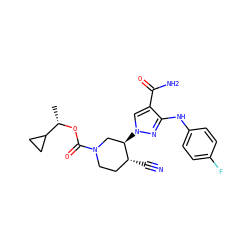 C[C@H](OC(=O)N1CC[C@@H](C#N)[C@H](n2cc(C(N)=O)c(Nc3ccc(F)cc3)n2)C1)C1CC1 ZINC000220712502