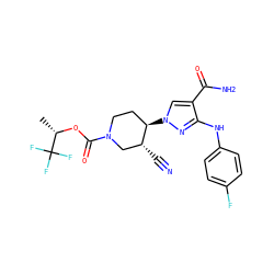 C[C@H](OC(=O)N1CC[C@@H](n2cc(C(N)=O)c(Nc3ccc(F)cc3)n2)[C@H](C#N)C1)C(F)(F)F ZINC000220690605