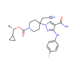 C[C@H](OC(=O)N1CCC(CC#N)(n2cc(C(N)=O)c(Nc3ccc(F)cc3)n2)CC1)C1CC1 ZINC000222101173