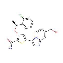 C[C@H](Oc1cc(-c2cnc3cc(CO)ccn23)sc1C(N)=O)c1ccccc1Cl ZINC000043025515