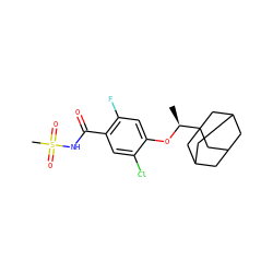 C[C@H](Oc1cc(F)c(C(=O)NS(C)(=O)=O)cc1Cl)C12CC3CC(CC(C3)C1)C2 ZINC000225226689