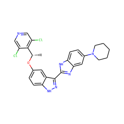 C[C@H](Oc1ccc2[nH]nc(-c3nc4cc(N5CCCCC5)ccc4[nH]3)c2c1)c1c(Cl)cncc1Cl ZINC000653829434