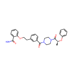 C[C@H](Oc1ccccc1)C(=O)N1CCN(C(=O)c2cccc(CCOc3ccccc3C(N)=O)c2)CC1 ZINC000040412458