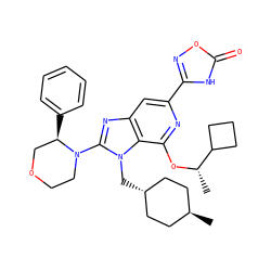 C[C@H](Oc1nc(-c2noc(=O)[nH]2)cc2nc(N3CCOC[C@H]3c3ccccc3)n(C[C@H]3CC[C@H](C)CC3)c12)C1CCC1 ZINC000261191033