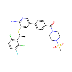 C[C@H](Sc1cc(-c2ccc(C(=O)N3CCN(S(C)(=O)=O)CC3)cc2)cnc1N)c1c(Cl)ccc(F)c1Cl ZINC000096285931