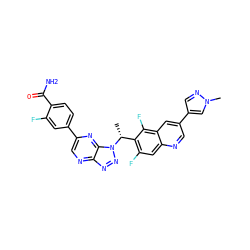 C[C@H](c1c(F)cc2ncc(-c3cnn(C)c3)cc2c1F)n1nnc2ncc(-c3ccc(C(N)=O)c(F)c3)nc21 ZINC001772579625
