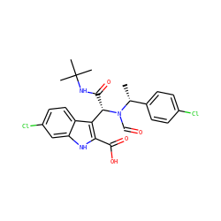 C[C@H](c1ccc(Cl)cc1)N(C=O)[C@@H](C(=O)NC(C)(C)C)c1c(C(=O)O)[nH]c2cc(Cl)ccc12 ZINC000113879443