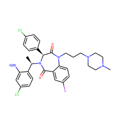 C[C@H](c1ccc(Cl)cc1N)N1C(=O)c2cc(I)ccc2N(CCCN2CCN(C)CC2)C(=O)[C@@H]1c1ccc(Cl)cc1 ZINC000038377629