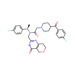 C[C@H](c1ccc(F)cc1)N(Cc1nc2c(c(=O)[nH]1)COCC2)C(=O)CN1CCC(C(=O)c2ccc(F)cc2)CC1 ZINC000208802711