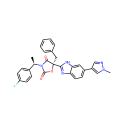 C[C@H](c1ccc(F)cc1)N1C(=O)O[C@](Cc2ccccc2)(c2nc3ccc(-c4cnn(C)c4)cc3[nH]2)C1=O ZINC000205341485