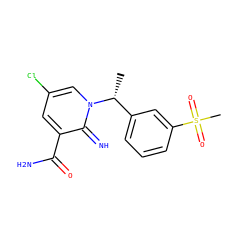 C[C@H](c1cccc(S(C)(=O)=O)c1)n1cc(Cl)cc(C(N)=O)c1=N ZINC000115005422