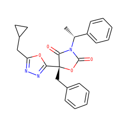 C[C@H](c1ccccc1)N1C(=O)O[C@](Cc2ccccc2)(c2nnc(CC3CC3)o2)C1=O ZINC000169311896