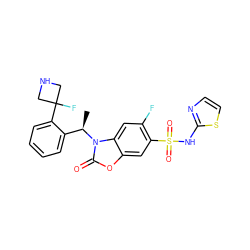 C[C@H](c1ccccc1C1(F)CNC1)n1c(=O)oc2cc(S(=O)(=O)Nc3nccs3)c(F)cc21 ZINC000205463536