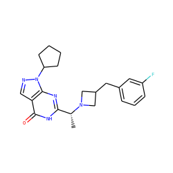 C[C@H](c1nc2c(cnn2C2CCCC2)c(=O)[nH]1)N1CC(Cc2cccc(F)c2)C1 ZINC000116975843