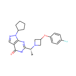 C[C@H](c1nc2c(cnn2C2CCCC2)c(=O)[nH]1)N1CC(Oc2ccc(F)cc2)C1 ZINC000116981233