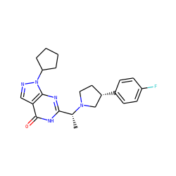 C[C@H](c1nc2c(cnn2C2CCCC2)c(=O)[nH]1)N1CC[C@H](c2ccc(F)cc2)C1 ZINC000116981265