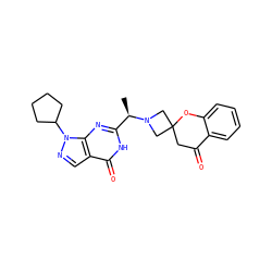 C[C@H](c1nc2c(cnn2C2CCCC2)c(=O)[nH]1)N1CC2(CC(=O)c3ccccc3O2)C1 ZINC001772640034