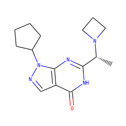 C[C@H](c1nc2c(cnn2C2CCCC2)c(=O)[nH]1)N1CCC1 ZINC000095577538