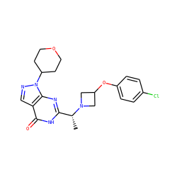C[C@H](c1nc2c(cnn2C2CCOCC2)c(=O)[nH]1)N1CC(Oc2ccc(Cl)cc2)C1 ZINC001772620993