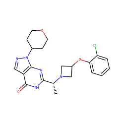 C[C@H](c1nc2c(cnn2C2CCOCC2)c(=O)[nH]1)N1CC(Oc2ccccc2Cl)C1 ZINC001772609746
