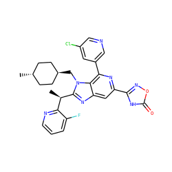 C[C@H](c1ncccc1F)c1nc2cc(-c3noc(=O)[nH]3)nc(-c3cncc(Cl)c3)c2n1C[C@H]1CC[C@H](C)CC1 ZINC000261182836