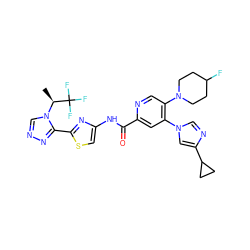 C[C@H](n1cnnc1-c1nc(NC(=O)c2cc(-n3cnc(C4CC4)c3)c(N3CCC(F)CC3)cn2)cs1)C(F)(F)F ZINC001772579689