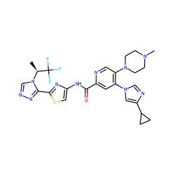 C[C@H](n1cnnc1-c1nc(NC(=O)c2cc(-n3cnc(C4CC4)c3)c(N3CCN(C)CC3)cn2)cs1)C(F)(F)F ZINC000218998755